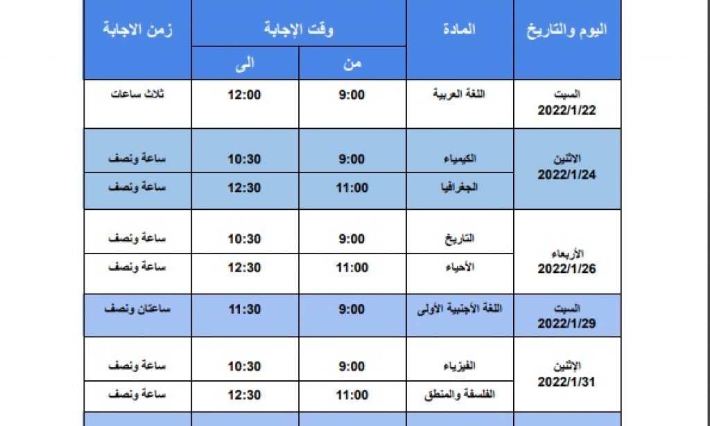 تحميل جدول أمتحانات الصف الأول الثانوي