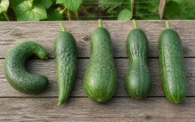 Five cucumbers on a wooden table showing a hooked curve, a tapered nub, a bulbous blossom end, a pinched middle and one straight fruit for comparison