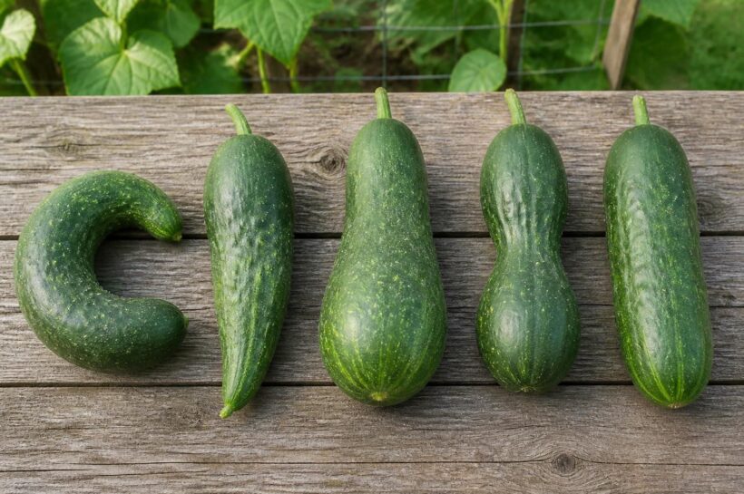 Five cucumbers on a wooden table showing a hooked curve, a tapered nub, a bulbous blossom end, a pinched middle and one straight fruit for comparison