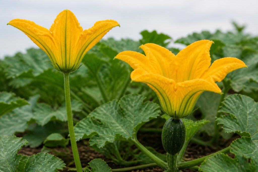 Male and female zucchini flowers side by side, the male on a long slender stem and the female with a small swollen zucchini at its base