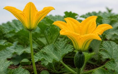 Male and female zucchini flowers side by side, the male on a long slender stem and the female with a small swollen zucchini at its base