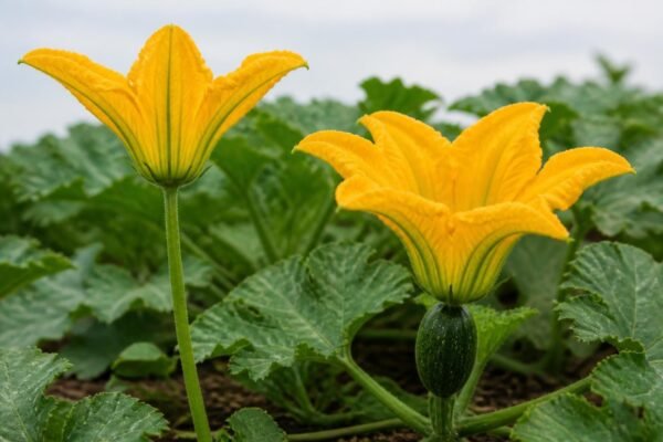 Male and female zucchini flowers side by side, the male on a long slender stem and the female with a small swollen zucchini at its base