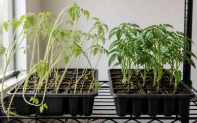 Two seedling trays side by side, with tall pale floppy seedlings on the left and short sturdy dark green seedlings on the right