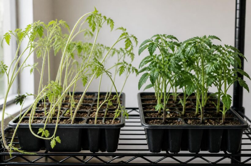 Two seedling trays side by side, with tall pale floppy seedlings on the left and short sturdy dark green seedlings on the right