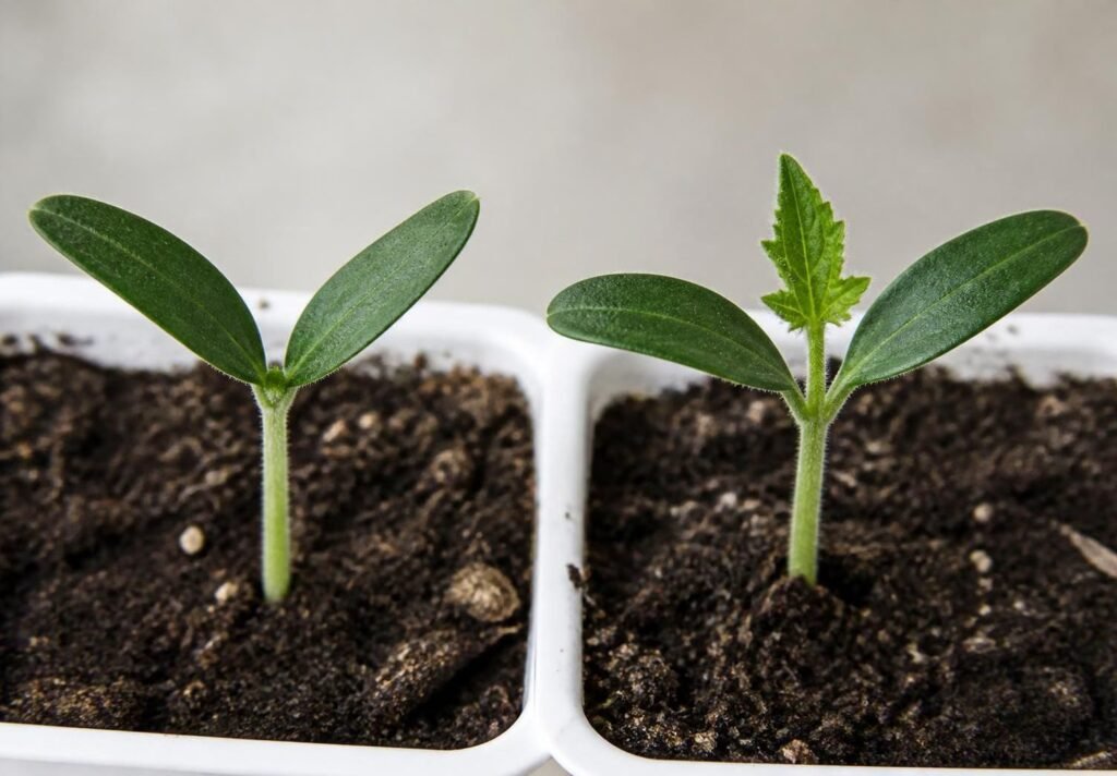 Close-up of a tomato seedling with two seed leaves and a tiny first true leaf bud emerging between them