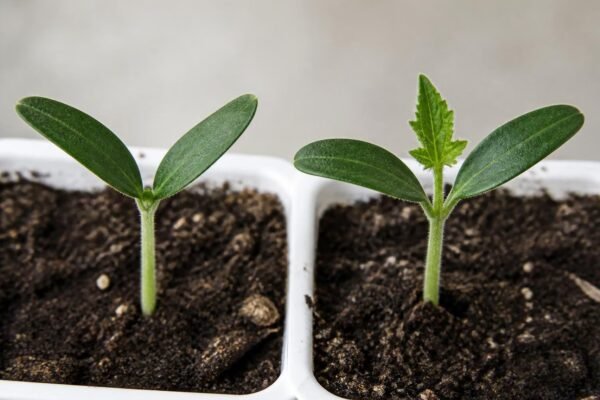 Close-up of a tomato seedling with two seed leaves and a tiny first true leaf bud emerging between them