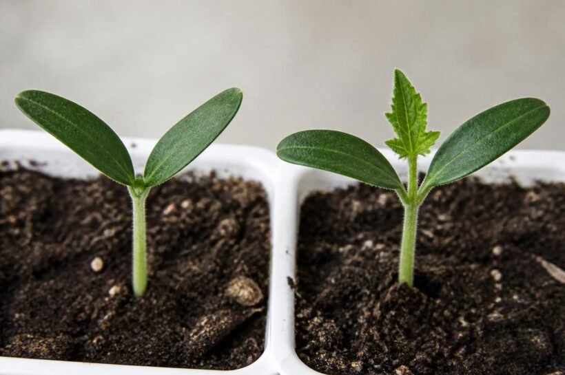Close-up of a tomato seedling with two seed leaves and a tiny first true leaf bud emerging between them