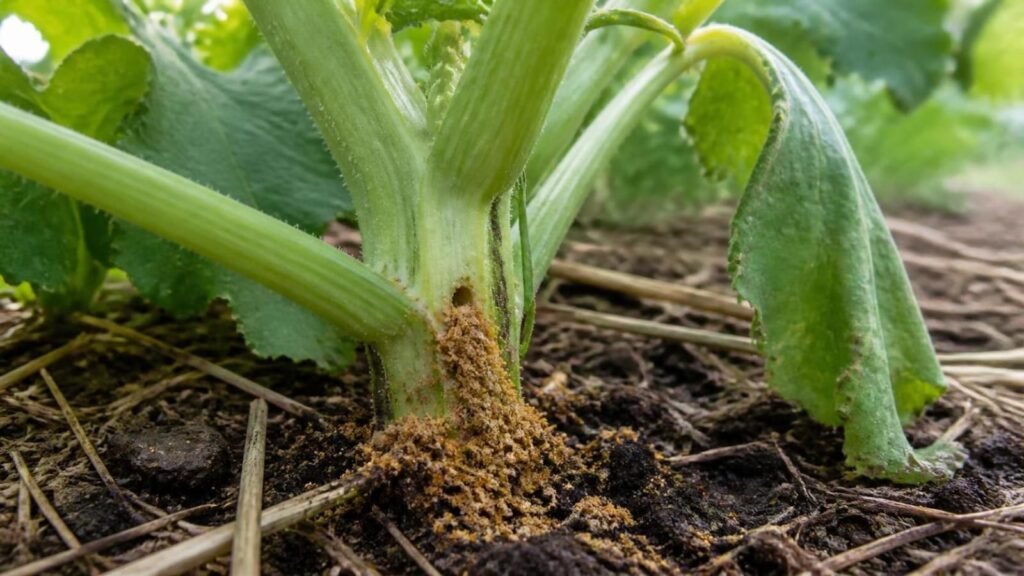 Squash stem just above the soil with a small entry hole and a pile of orange sawdust-like frass beside it