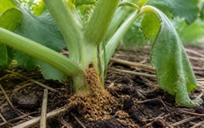 Squash stem just above the soil with a small entry hole and a pile of orange sawdust-like frass beside it