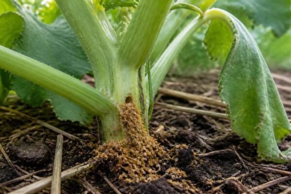 Squash stem just above the soil with a small entry hole and a pile of orange sawdust-like frass beside it