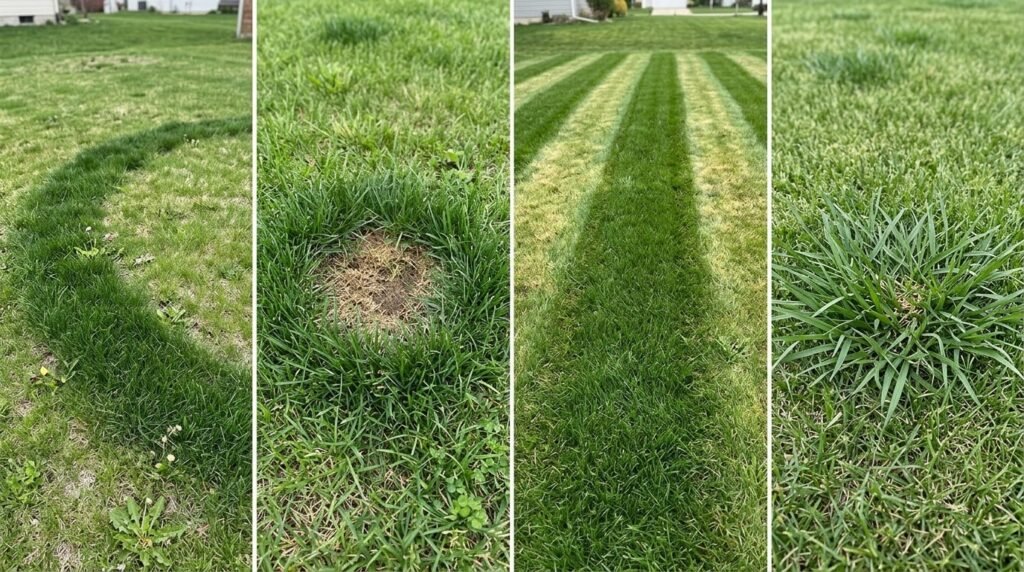 Four lawn close-ups side by side showing a dark green ring, a round spot with a brown center, straight green bands, and a ragged clump of coarser grass