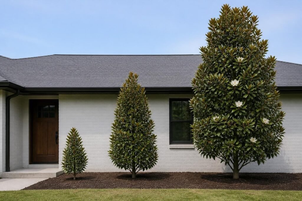 Three growth stages of a little gem magnolia beside a one-story house, from a young nursery tree to a mature evergreen taller than the roofline