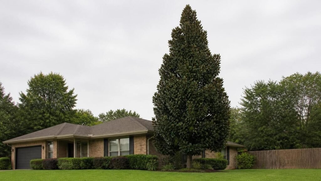 A mature little gem magnolia standing taller than the roofline of a one-story house