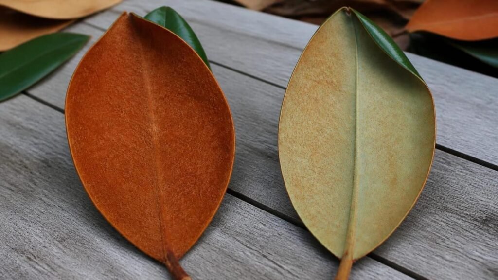 Undersides of two southern magnolia leaves side by side, one covered in dense reddish-brown felt and the other in a lighter rusty-brown fuzz
