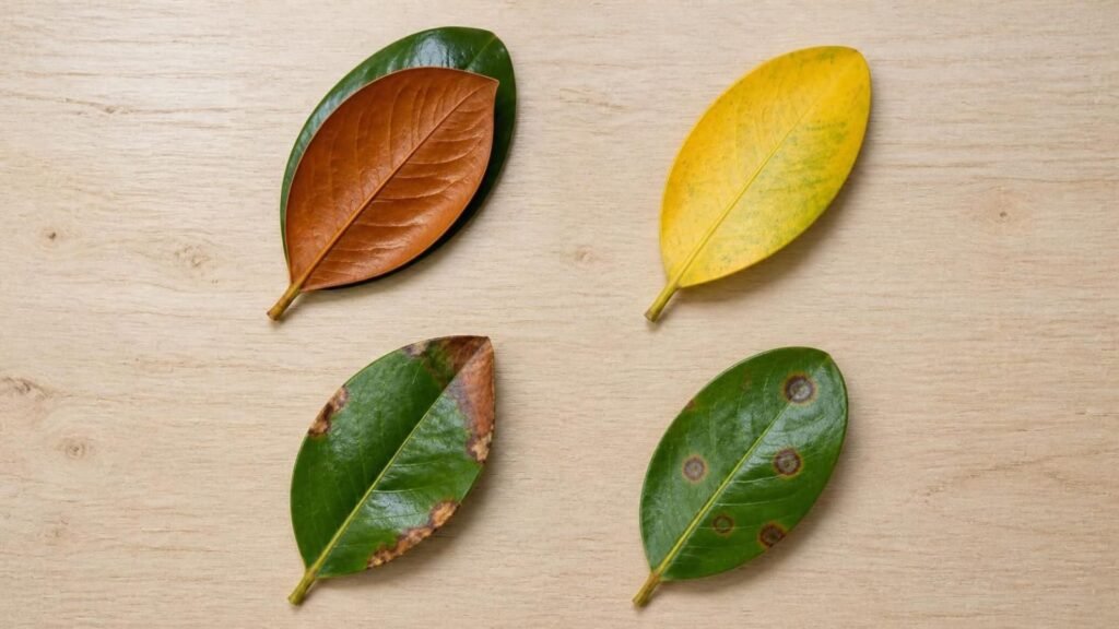 Four Little Gem magnolia leaves side by side showing normal bronze underside, yellowing, scorched edges and leaf spots