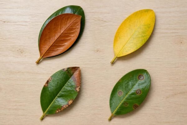 Four Little Gem magnolia leaves side by side showing normal bronze underside, yellowing, scorched edges and leaf spots