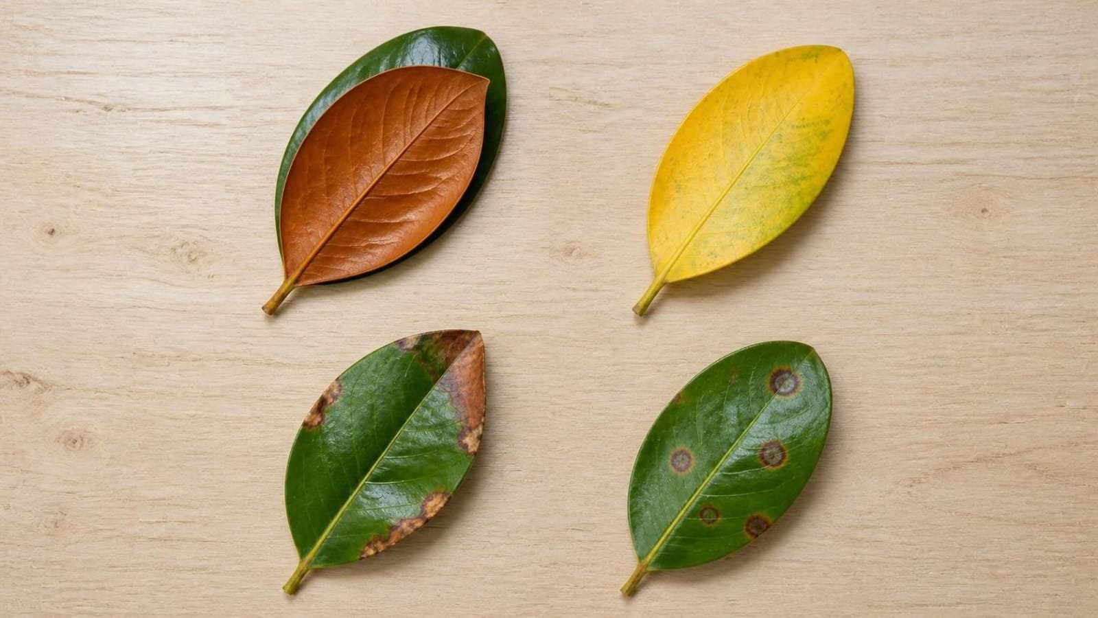 Four Little Gem magnolia leaves side by side showing normal bronze underside, yellowing, scorched edges and leaf spots
