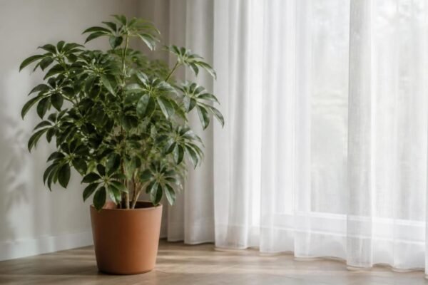 Dwarf umbrella tree with glossy palmate leaves standing a few feet back from a bright window with a sheer curtain
