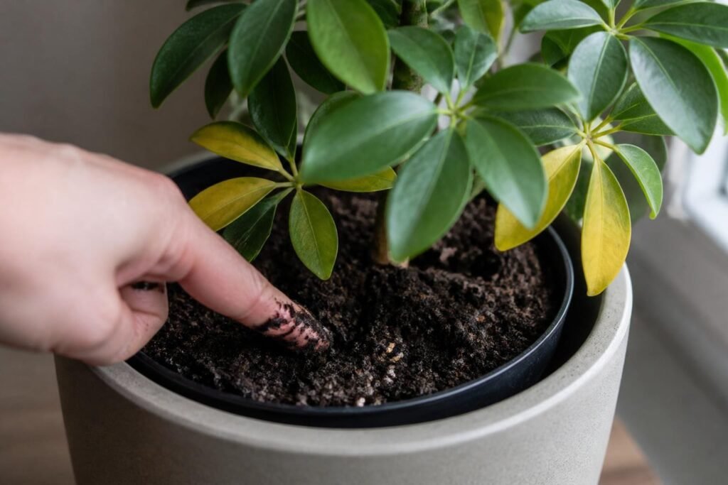 Finger pushed two inches into the potting soil of a schefflera to check how wet it is