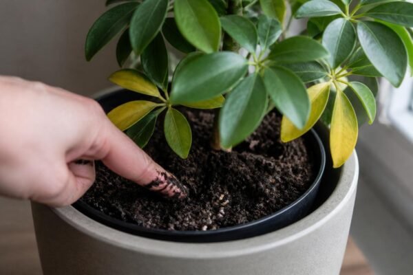 Finger pushed two inches into the potting soil of a schefflera to check how wet it is