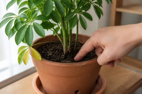 Finger pressed into the soil of a potted schefflera to check moisture before watering