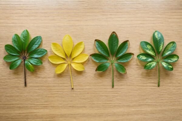 Four fallen schefflera leaflets side by side: one with a black soft base, one evenly yellow, one with crisp brown edges and one with a scorched blotch