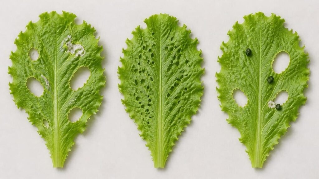 Three lettuce leaves side by side showing ragged slug holes, tiny flea beetle shot holes and caterpillar chewing