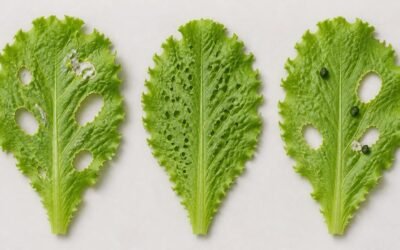 Three lettuce leaves side by side showing ragged slug holes, tiny flea beetle shot holes and caterpillar chewing