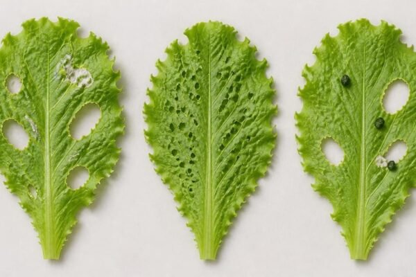 Three lettuce leaves side by side showing ragged slug holes, tiny flea beetle shot holes and caterpillar chewing