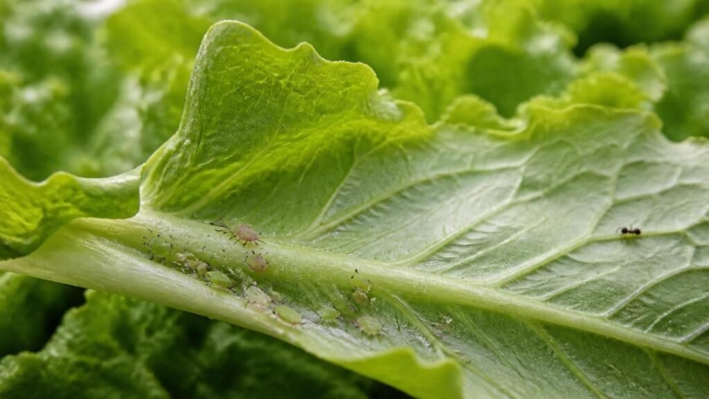 Close-up of small green and pink aphids clustered on the underside of a lettuce leaf with a sticky sheen