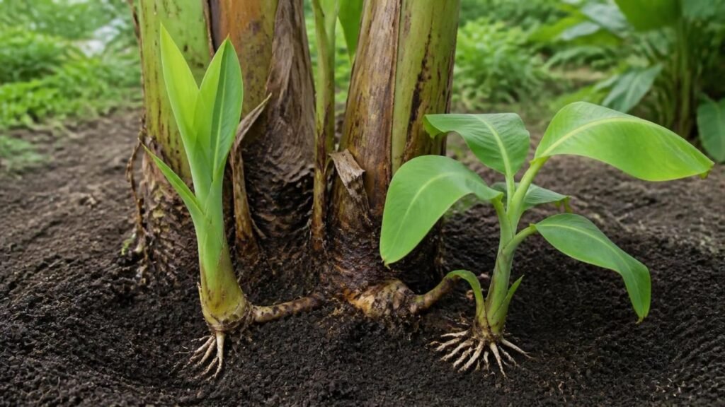 Two young banana suckers side by side, a sword sucker with narrow spear-like leaves and a water sucker with broad leaves, at the base of a mother plant