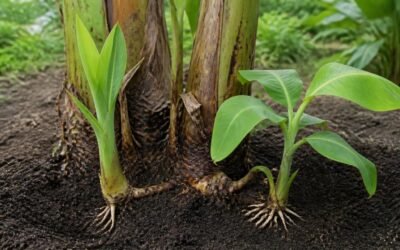 Two young banana suckers side by side, a sword sucker with narrow spear-like leaves and a water sucker with broad leaves, at the base of a mother plant