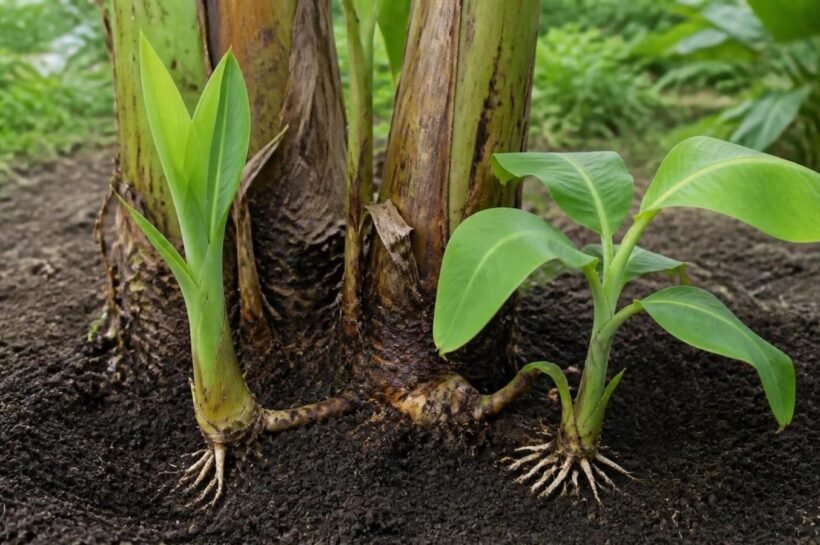 Two young banana suckers side by side, a sword sucker with narrow spear-like leaves and a water sucker with broad leaves, at the base of a mother plant