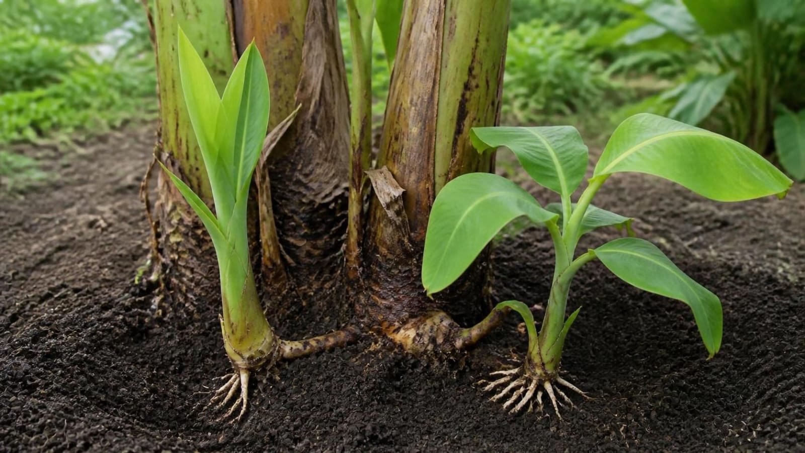 Two young banana suckers side by side, a sword sucker with narrow spear-like leaves and a water sucker with broad leaves, at the base of a mother plant