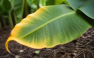 Older banana leaf turning yellow and orange at the tip, the classic early sign of potassium deficiency