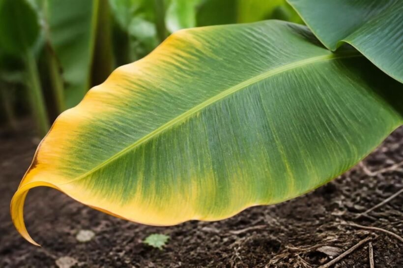 Older banana leaf turning yellow and orange at the tip, the classic early sign of potassium deficiency
