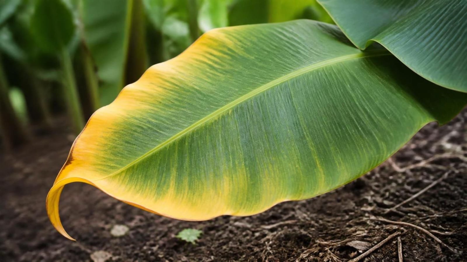 Older banana leaf turning yellow and orange at the tip, the classic early sign of potassium deficiency