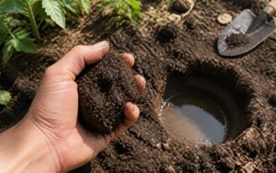 Hand squeezing a moist clump of garden soil beside a test hole filled with water