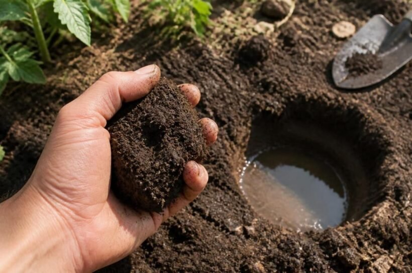 Hand squeezing a moist clump of garden soil beside a test hole filled with water