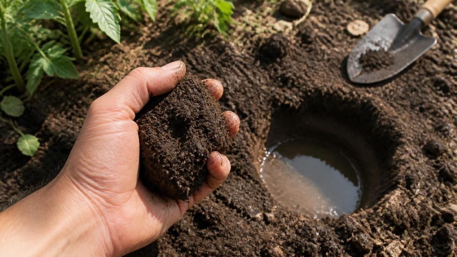 Hand squeezing a moist clump of garden soil beside a test hole filled with water