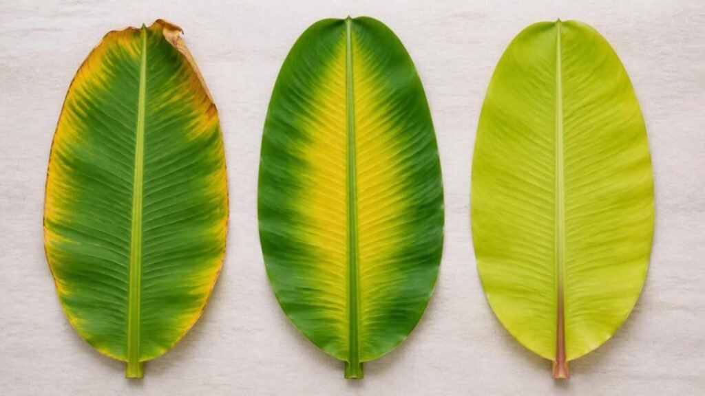 Illustrative comparison of banana leaves: potassium tip yellowing, magnesium yellowing between green margins, pale nitrogen shortage