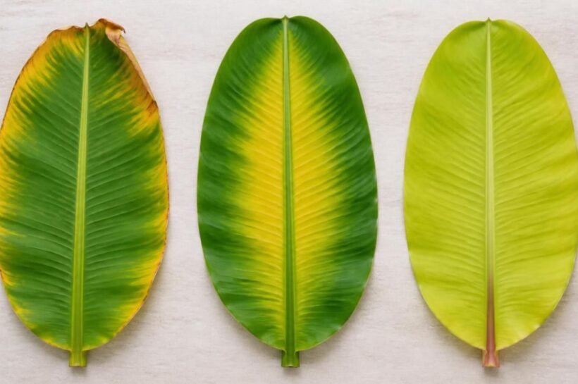 Illustrative comparison of banana leaves: potassium tip yellowing, magnesium yellowing between green margins, pale nitrogen shortage