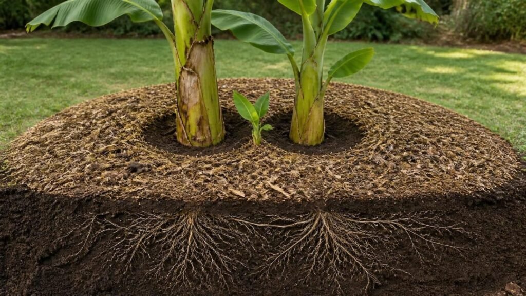 Cutaway view of a banana clump showing a wide ring of wood chip mulch, a clear 3-inch gap around the pseudostem, and fibrous roots spreading beneath