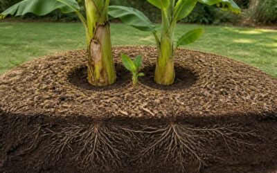 Cutaway view of a banana clump showing a wide ring of wood chip mulch, a clear 3-inch gap around the pseudostem, and fibrous roots spreading beneath