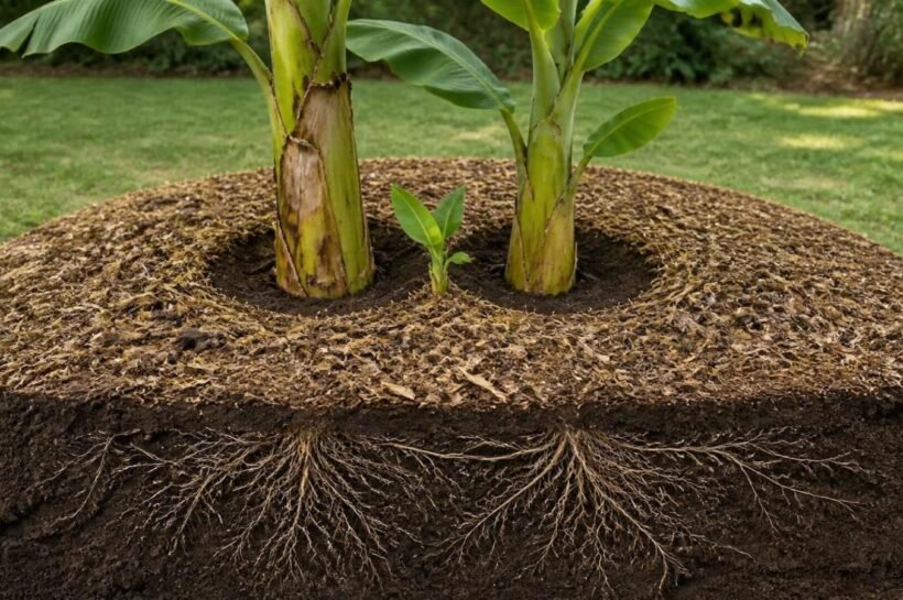 Cutaway view of a banana clump showing a wide ring of wood chip mulch, a clear 3-inch gap around the pseudostem, and fibrous roots spreading beneath
