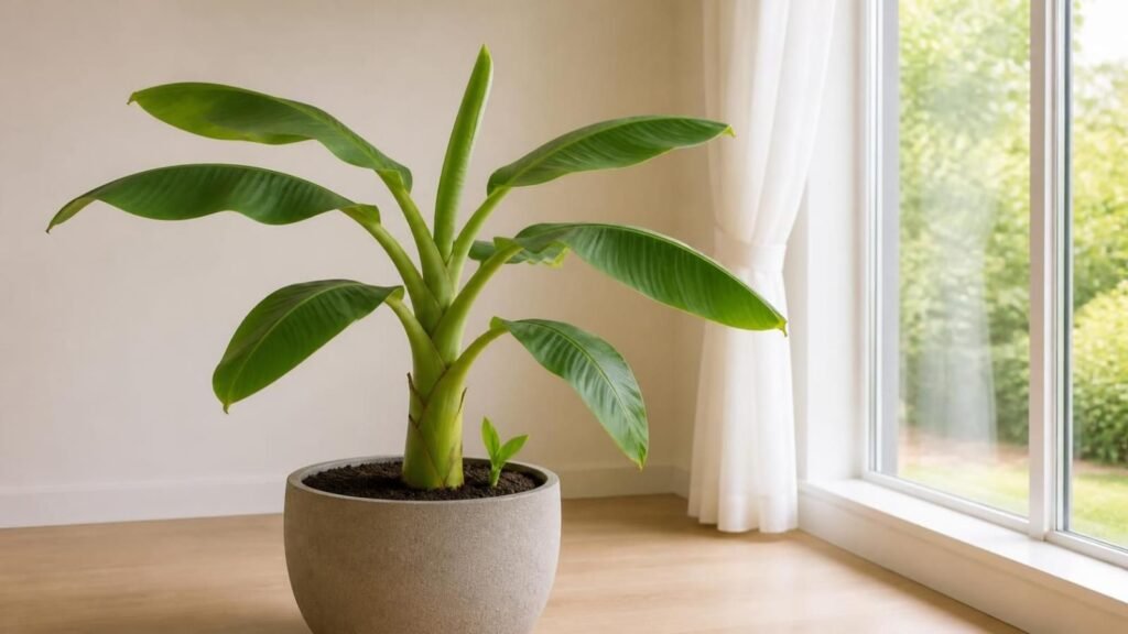 Banana tree indoor setup: a dwarf plant in a large terracotta pot beside a bright south-facing window