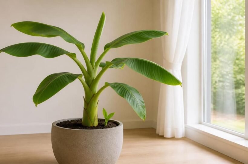 Banana tree indoor setup: a dwarf plant in a large terracotta pot beside a bright south-facing window