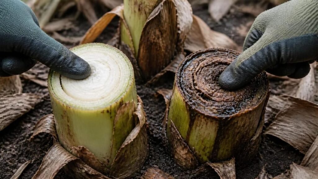 Two banana pseudostems after a frost, one firm and pale green inside, the other brown and soft