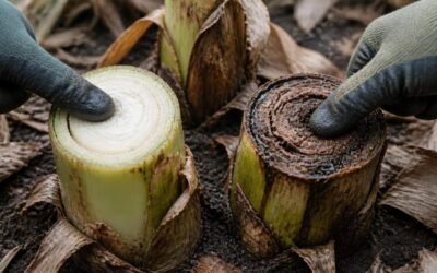 Two banana pseudostems after a frost, one firm and pale green inside, the other brown and soft
