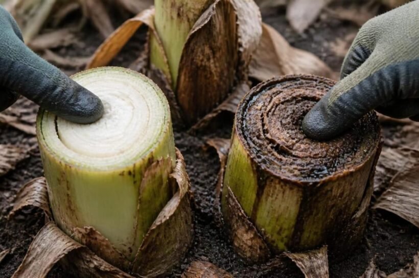 Two banana pseudostems after a frost, one firm and pale green inside, the other brown and soft